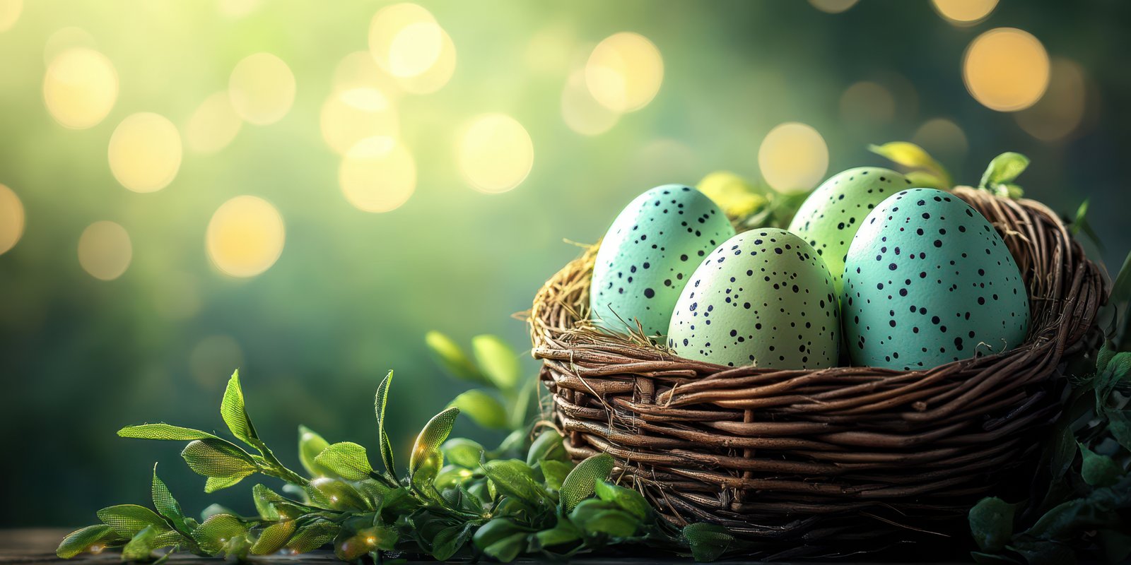 Colorful speckled eggs arranged in a woven basket surrounded by greenery and soft lights